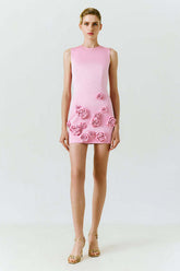 Rose Appliqué Round Neck Cady Dress